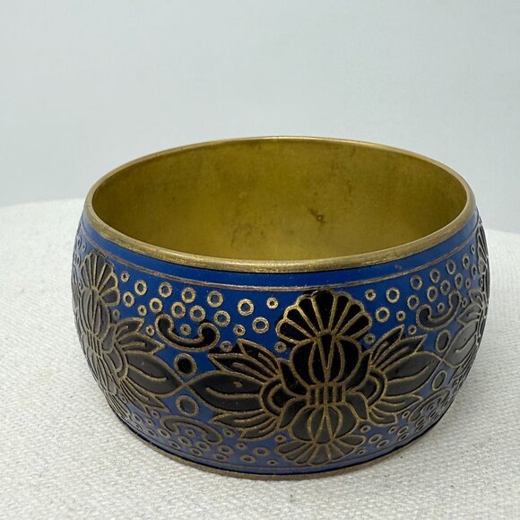 Vintage Enamel Cloisonne‎ Wide Bangle Bracelet Floral Brass Black Blue Boho Art - Picture 4 of 9
